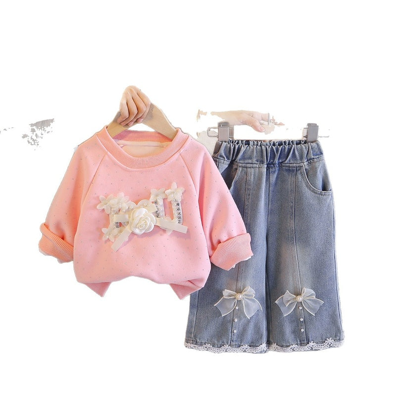 Outfit Set: Stylish Baby Girl Beaded Floral Sweatshirt Two-Piece Set for Infants Young Girls' Spring and Autumn Clothing