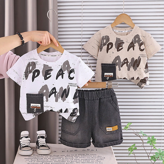 Baby clothes summer, thin short-sleeve set with English graffiti boys, suitable outdoor wear, for boys aged 0 to 1 year old