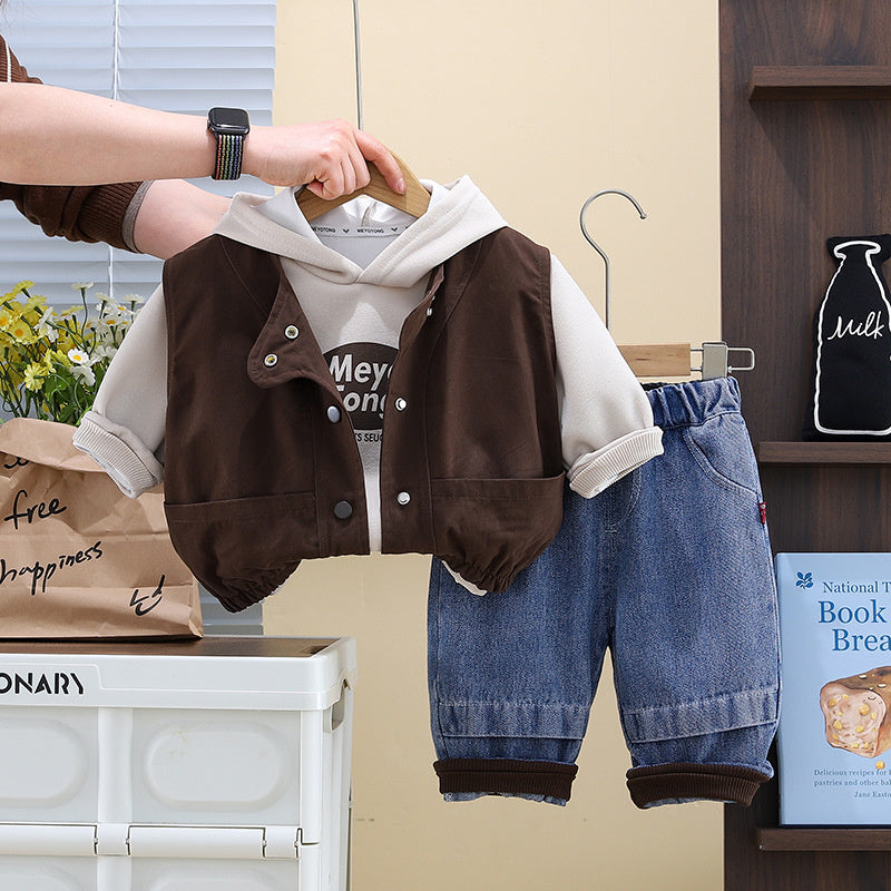 Children's Clothing Outfit Solid Color Letter Hooded Vest Three-Piece Set Spring Autumn Baby Boys Clothes Trendy