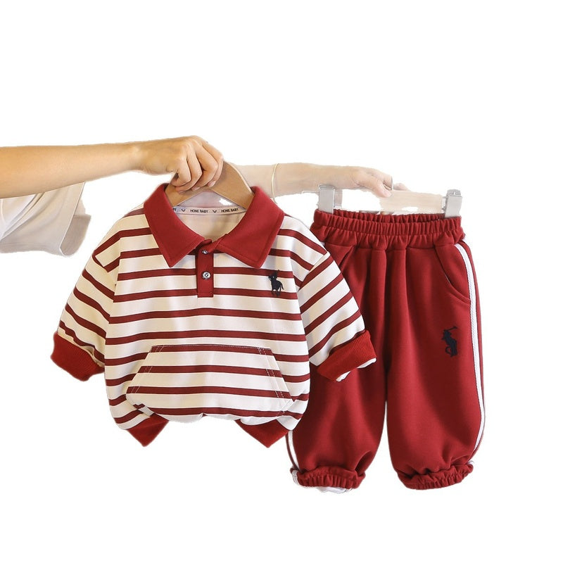 Boys' Outfit, Stylish New 2026 Striped Polo Shirt Two-Piece Set, Cool Long-Sleeve Spring and Autumn Fashion