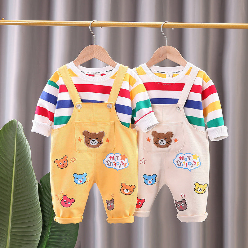 Spring New Boys' Fashion Street Style Full Print Bear Head Strap Two-Piece Set Trendy Long Sleeve Outfit Direct Sale