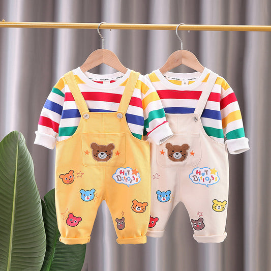 Spring New Boys' Fashion Street Style Full Print Bear Head Strap Two-Piece Set Trendy Long Sleeve Outfit Direct Sale
