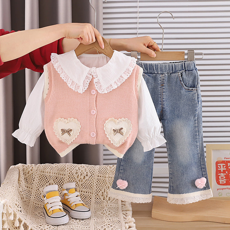 2026 New Fashionable Clothes Girls: Lace Heart Sweater Three-Piece Set, Stylish Outfit for Children, Spring and Autumn Set