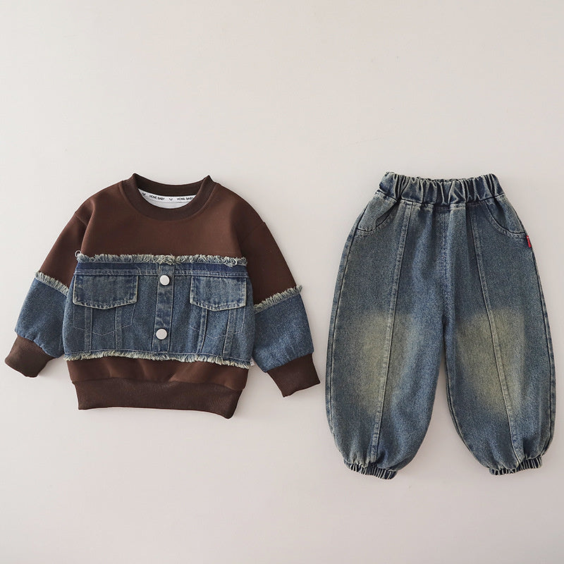 Boys' Outfit Baby 2026 New Fashionable Infant Spring and Autumn Denim Patchwork Sweatshirt Two-Piece Set Trendy