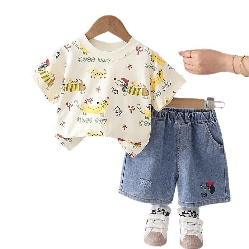 Boys' Summer Outfit: Children's Short-Sleeve Shirt with Dog Print and Denim Shorts Two-Piece Set for 1-3 Year Old Boys