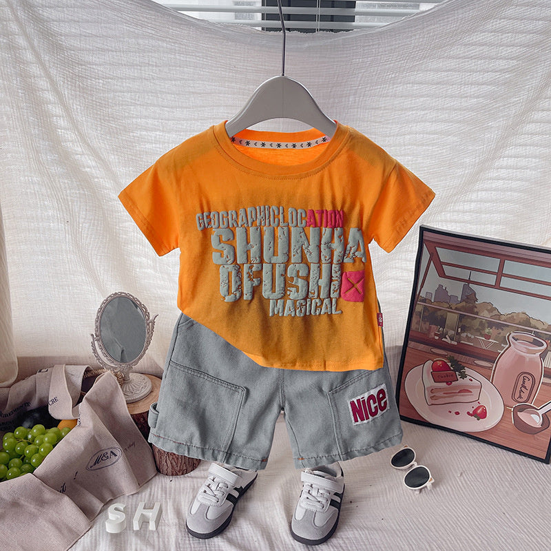 Boys' Stylish Outfit 2026 New Summer Toddler Foam Print Short Sleeve Shorts Set Casual Sportswear