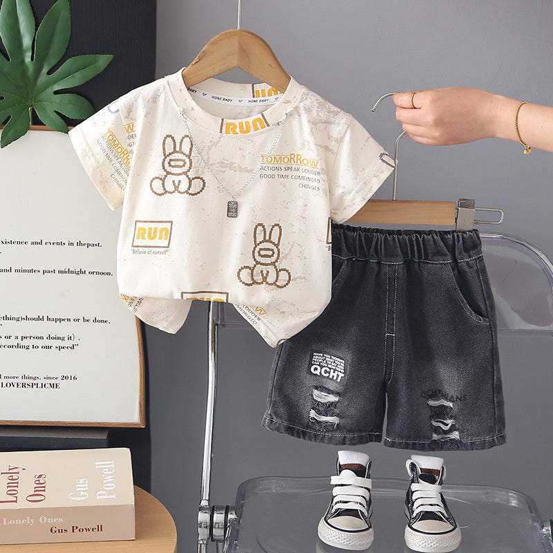 Boys' 2026 New Fashionable Children's Summer Outfit with Letter and Rabbit Print Short-Sleeve Two-Piece Set