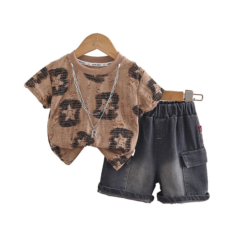Boys' Outfit Set 2026 New Summer Style Children's Star Smiley Face Short Sleeve Necklace Two-Piece Baby Clothes Trendy