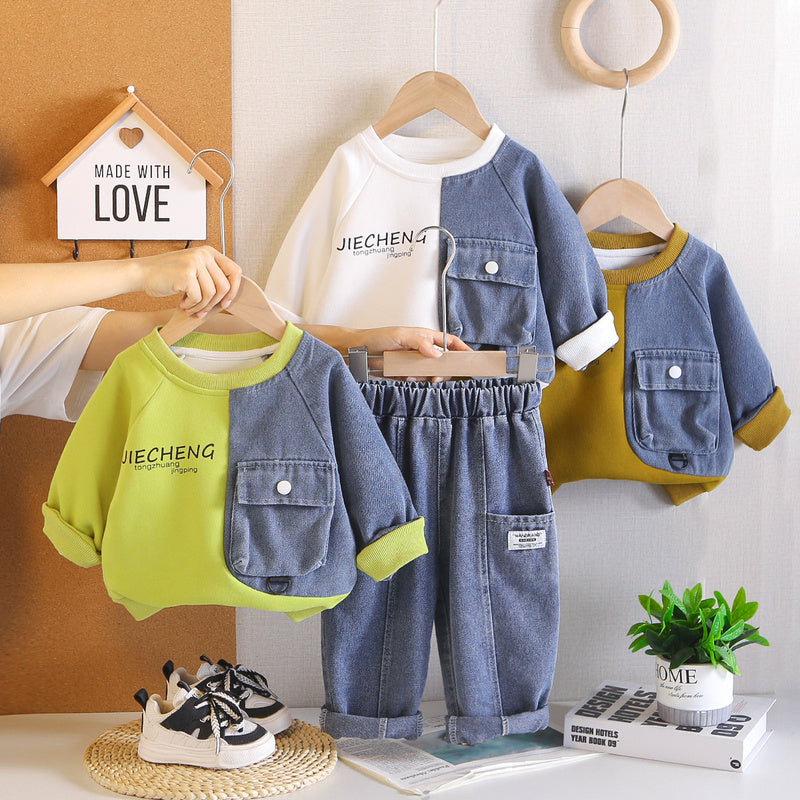 Boys' new two-piece set, stylish sweatshirt outfit, children's clothing for little boys, baby spring and autumn wear