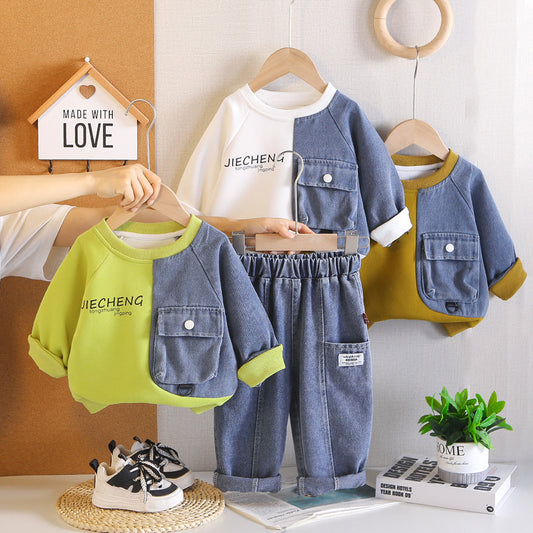 Boys' new two-piece set, stylish sweatshirt outfit, children's clothing for little boys, baby spring and autumn wear
