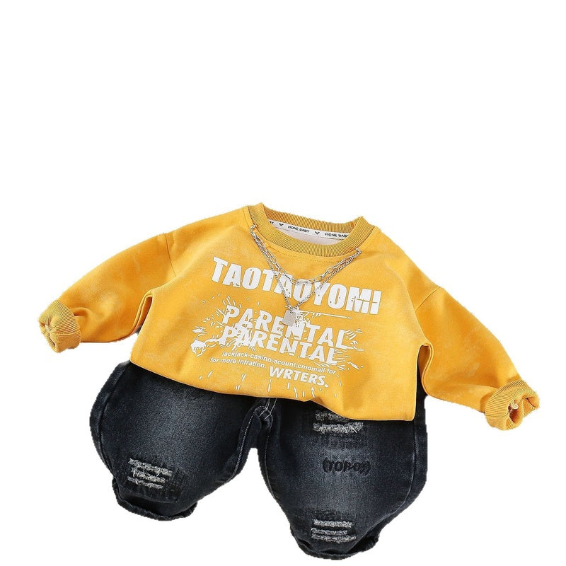 Boys' Suit 2026 New Stylish English Sweatshirt for Children, Outfit, Baby Clothes, Spring and Autumn Two-Piece Set