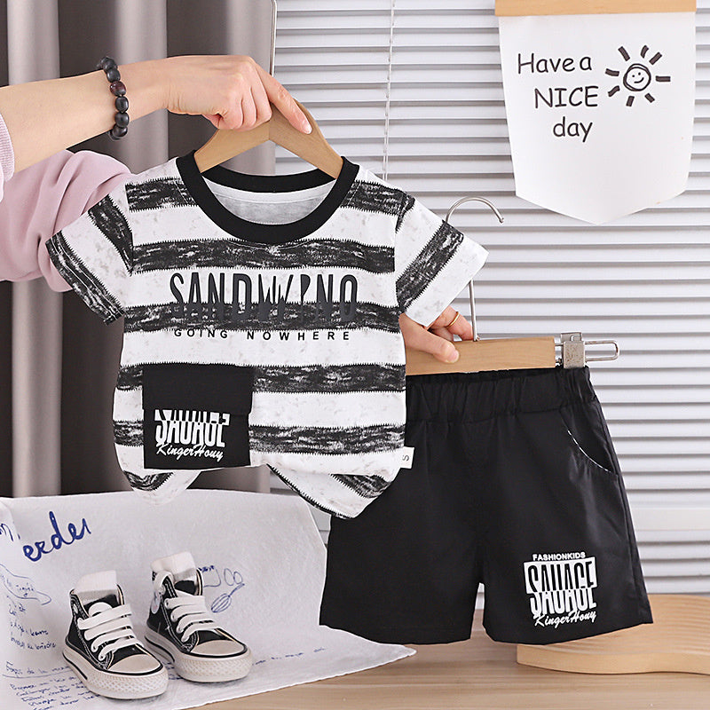 Boys' Striped Casual Short-Sleeve 2026 New Summer Outfit Baby Korean Style Children's Thin Two-Piece Trendy Set