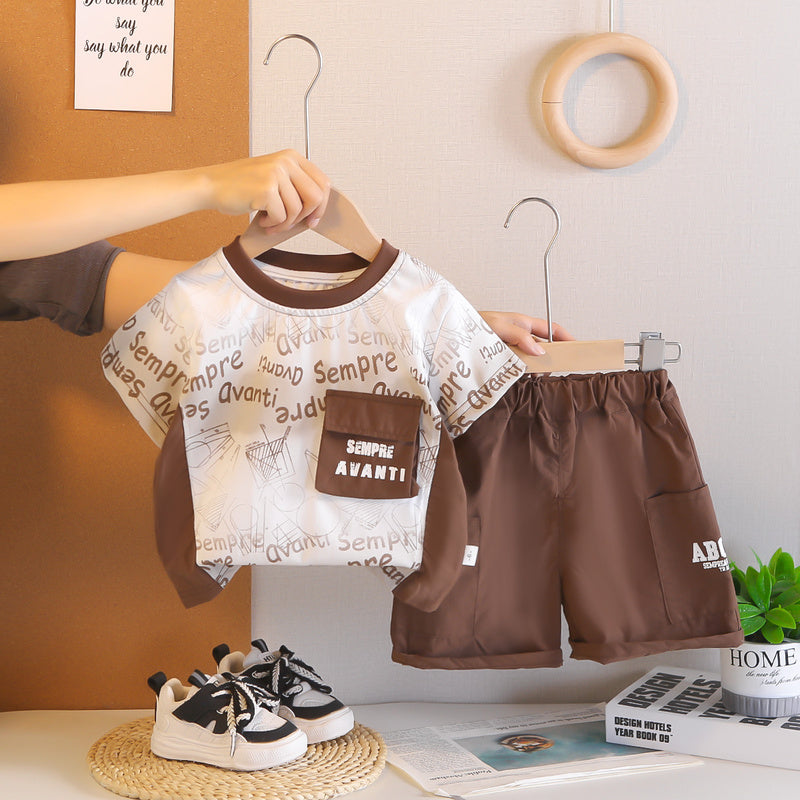 Boys' Summer Outfit 2026 New Style Infant Children's Clothing Thin for 1-3 Years Old, Baby English Pocket Short Sleeve Two-Piece Set