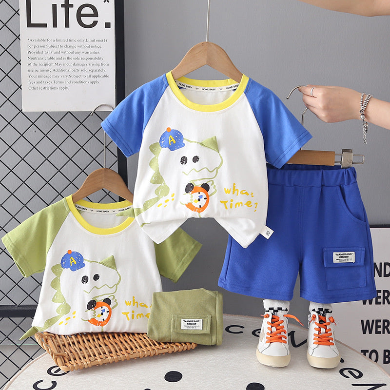 Boys' Summer Outfit 2026 New Fashionable Korean Style Round Neck Dinosaur Short Sleeve Thin Two-Piece Set for Toddlers