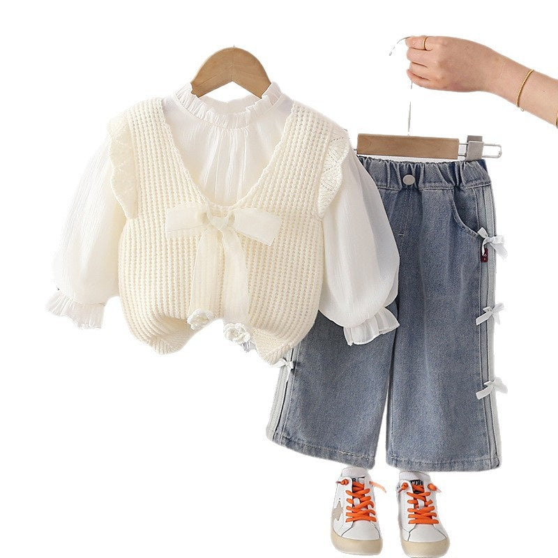 Girls' and Autumn Ribbon Bow Vest Three-Piece Set 2026 New Fashionable Children's Baby Girl Spring Outfit