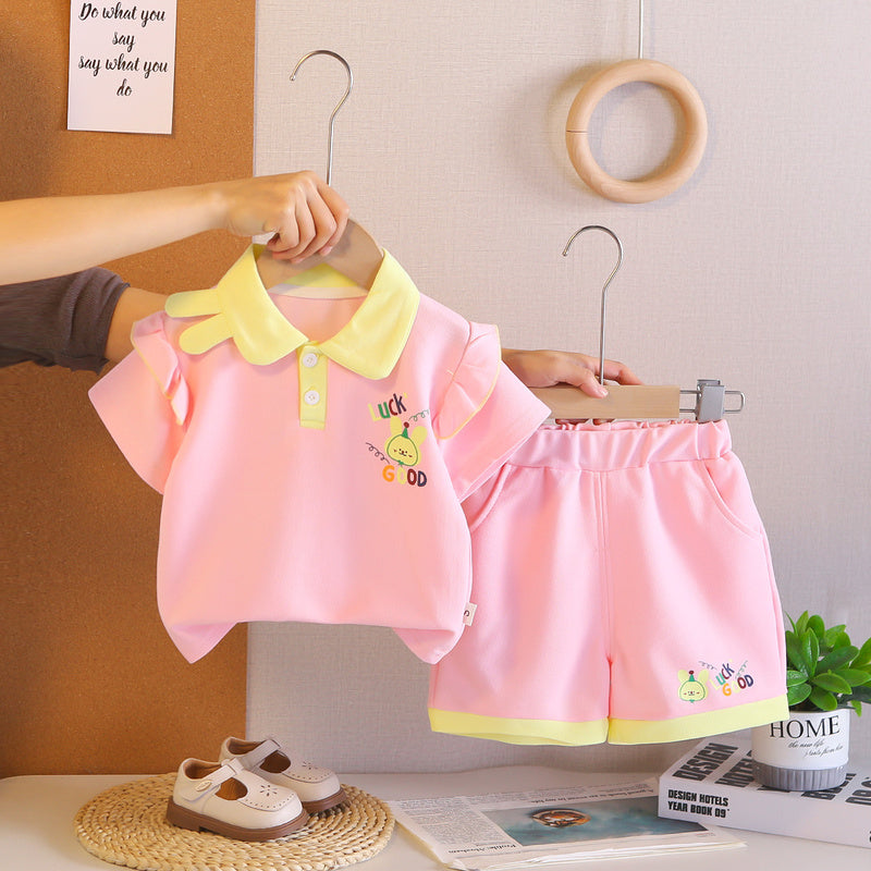 Girls' Outfit 2026 New Style Baby Children's Summer Clothes and Stylish Cute Lapel Rabbit Short Sleeve Two-Piece Set
