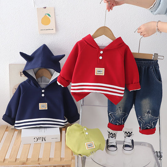 Korean Style Boys' Sweatshirt and Autumn Baby Spring Fashionable Clothes Infant Children's Clothing Horn Zipper Two-Piece Set