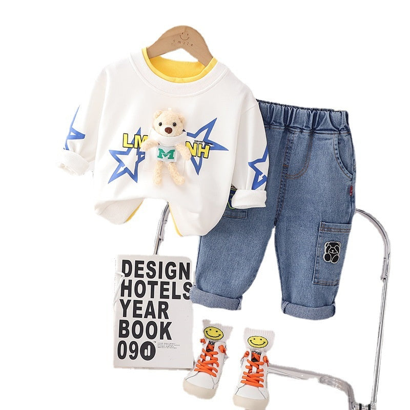 Korean Version New Spring Autumn Boys and Girls Children Baby Two-piece Cartoon Round Neck Bear Five-pointed Star Long-sleeved Children's Set