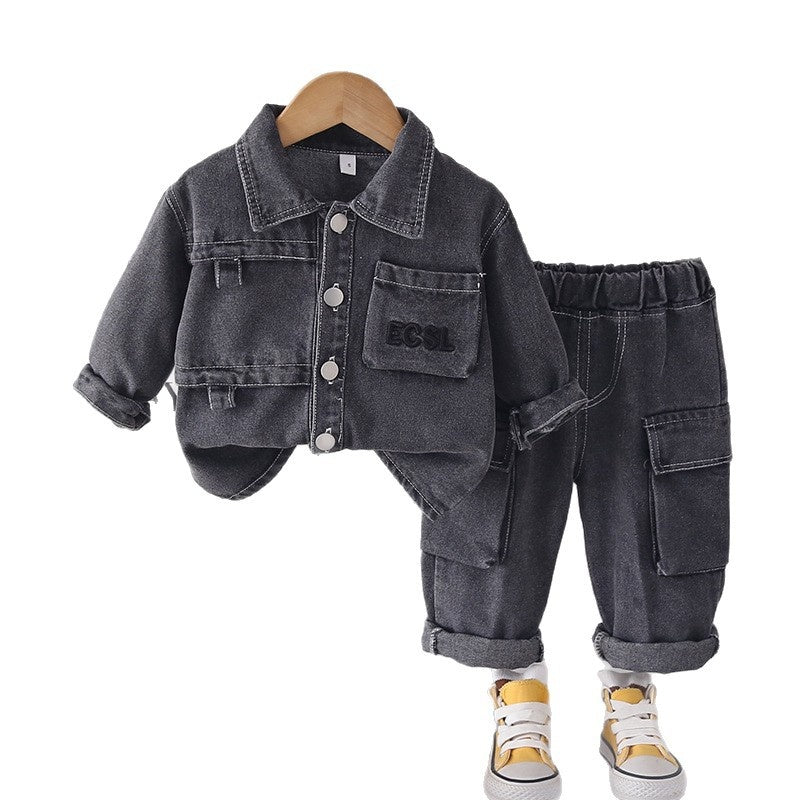 Boys' Outfit 2026 New Fashionable Children's Spring-Autumn Two-Piece Denim Set with 3D Pockets for Toddlers in Trendy Autumn Style