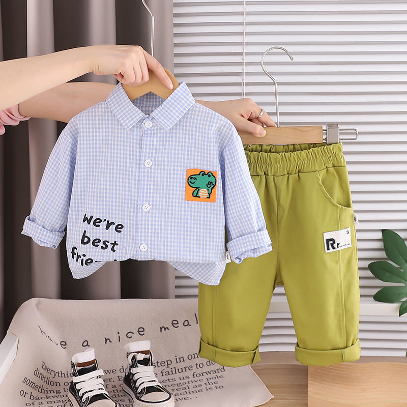 Boys' Spring Outfit: Small Checkered Shirt 2026 New Fashionable Baby Spring/Autumn Two-Piece Set for Children 1-4 Years Old
