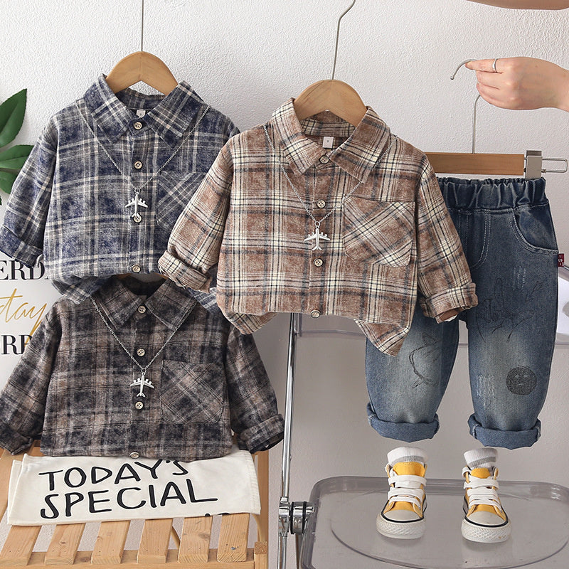 Boys' Outfit 2026 New Style Baby Plaid Shirt Two-Piece Set Stylish Children's Spring and Autumn Clothing Trendy