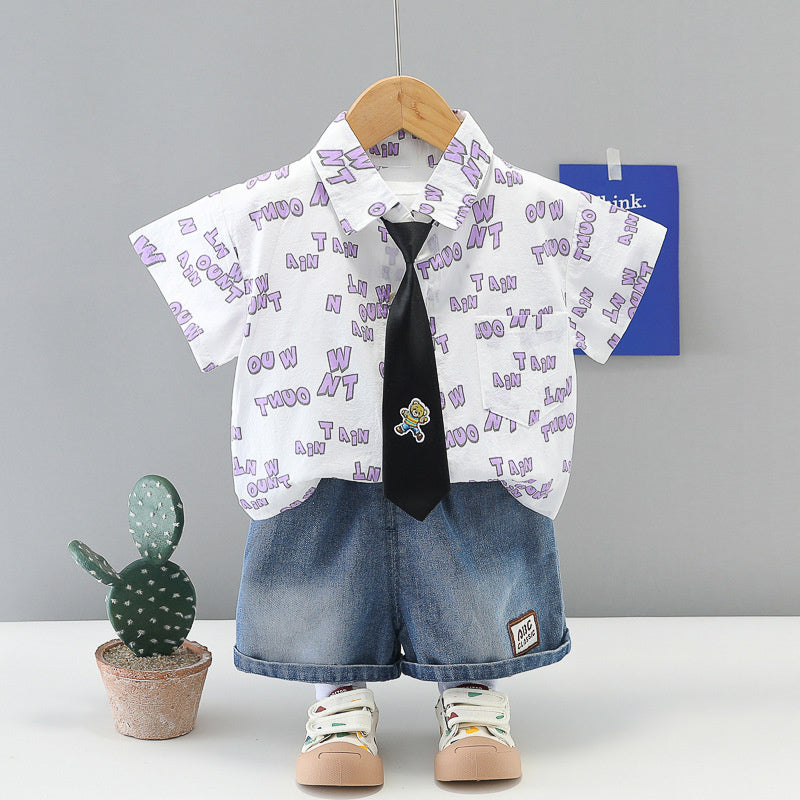 Boys' Outfit 2026 New Baby Summer Short Sleeve Three-Piece Set Children's Tie Bear Shirt 1-2-3 Years Old 5