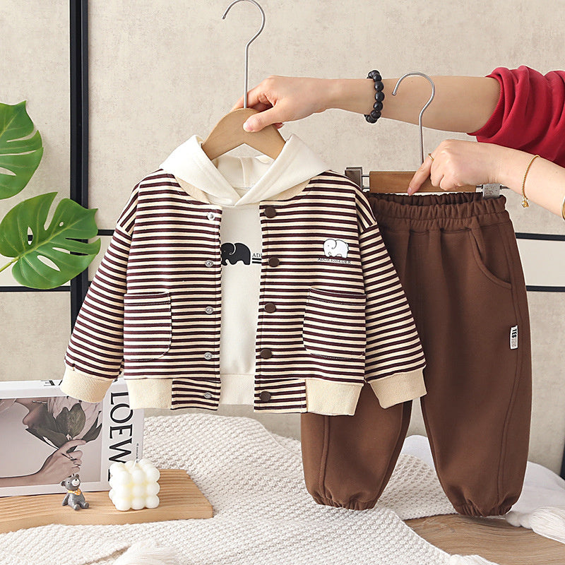 Boys' Outfit 2026 New Children's Spring and Autumn Baby Stylish Elephant Striped Cardigan Three-Piece Set Trendy