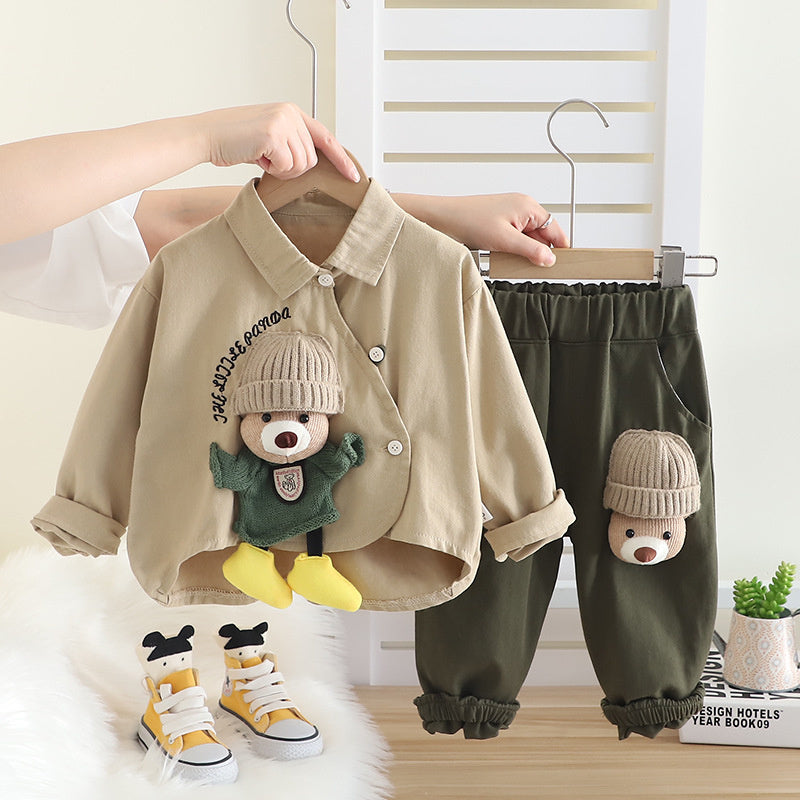 Baby Stylish Fashionable Outfit 2025 New Children's Plush Bear Shirt Two-Piece Set Boys Spring and Autumn Long Sleeve