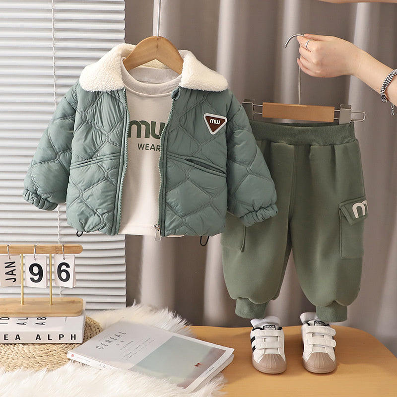 Suit Children's Autumn and Thickened Turn-down Collar Jacket Three-piece Set 2025 New Stylish Boys' Winter Clothes