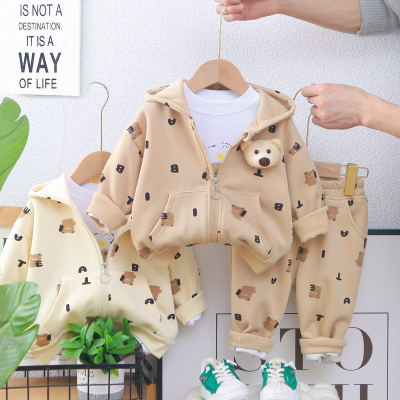 Children's Cartoon Hooded 2025 New Korean Version Boys Girls Spring and Autumn Full Print Bear Jacket Three-Piece Set