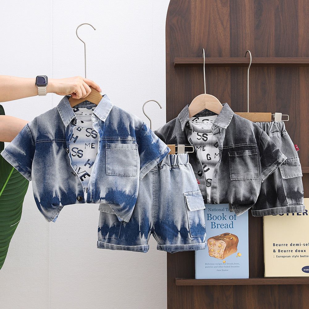 Boys' Outfit: Short-Sleeve Tie-Dye Denim Shirt Two-Piece Set, 2026 New Fashionable Thin Summer Style for Babies