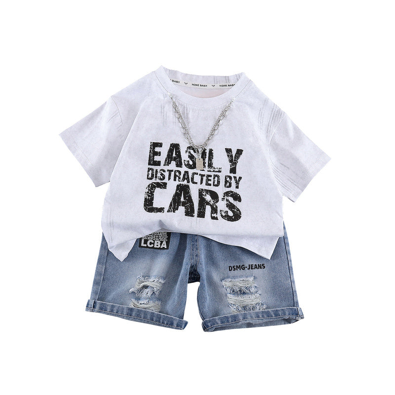Children's Summer 2026 New Set: Tie-Dye Letter Print Short-Sleeve T-Shirt with Chain, Two-Piece Outfit for Boys