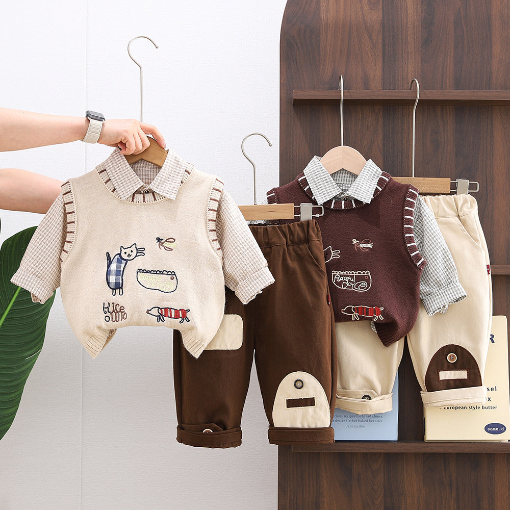 Spring and Autumn Outfit 2026 New Style Toddler Sweater Children's Boys' Baby Cat Vest Three-Piece Trendy Set