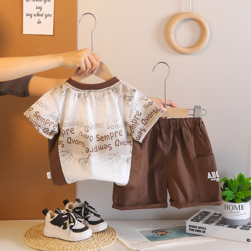 Boys' Summer Outfit 2026 New Style Infant Children's Clothing Thin for 1-3 Years Old, Baby English Pocket Short Sleeve Two-Piece Set
