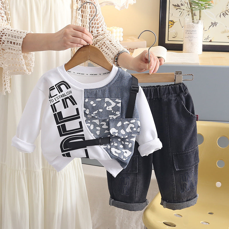 Boys' long-sleeve denim two-pocket sweatshirt set 2026 new baby clothing infant children's spring and autumn fashion