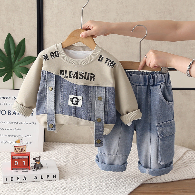 Boys' Autumn Outfit Set 2026 New Fashionable Children's Long-Sleeve Denim Patchwork Sweatshirt Two-Piece Spring/Autumn Clothing Trendy