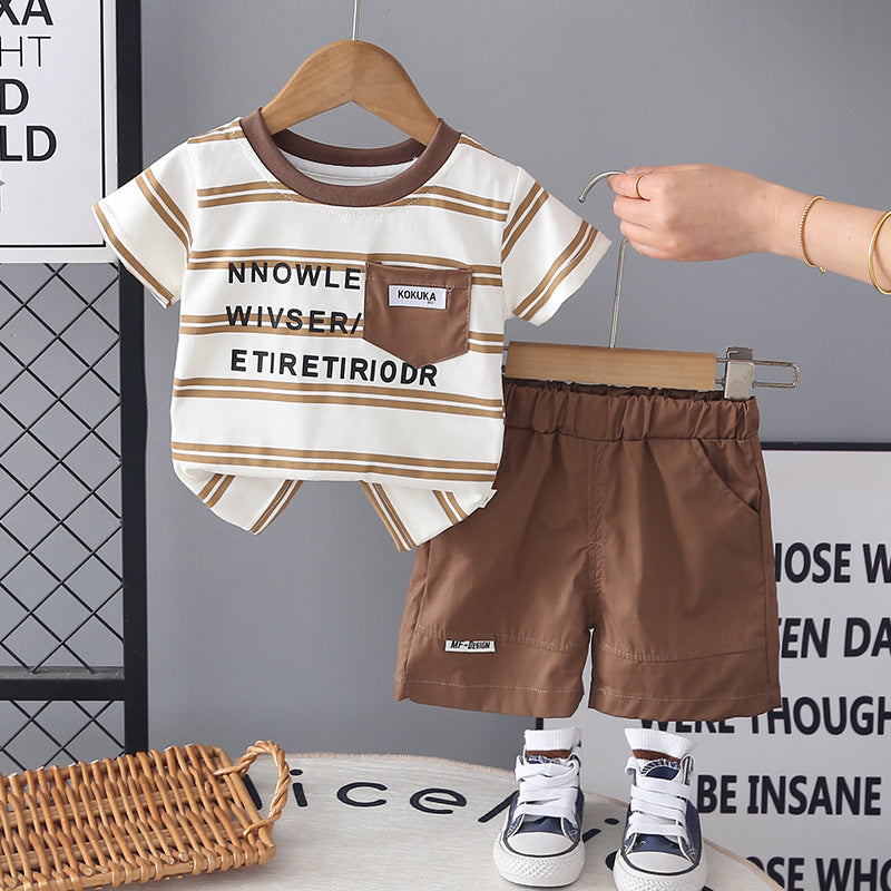 Boys' Short-Sleeve Two-Piece Set 2026 New Baby Summer Casual Clothes Trendy Striped English T-Shirt Outfit