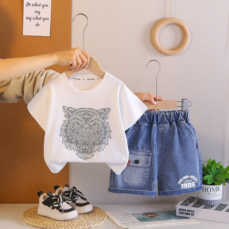 2026 Foreign Trade Summer Round Neck Rhinestone Children's Printed Thin T-shirt and Denim Two-piece Set Wholesale 3