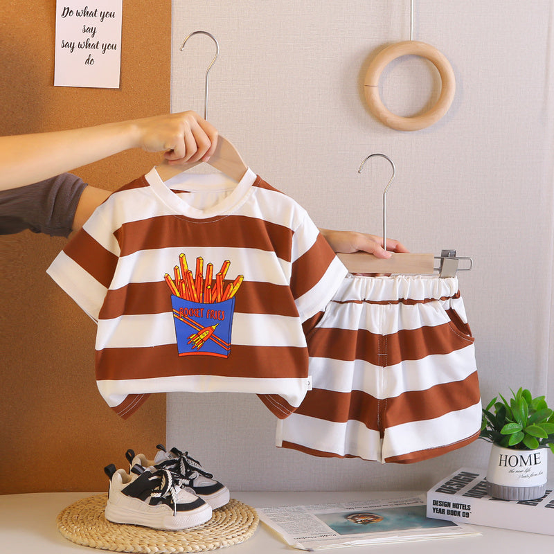 Boys' Outfit Set 2026 New Style Toddler Baby Summer Short Sleeve Striped Cartoon Clothes Two-Piece Children's Wear
