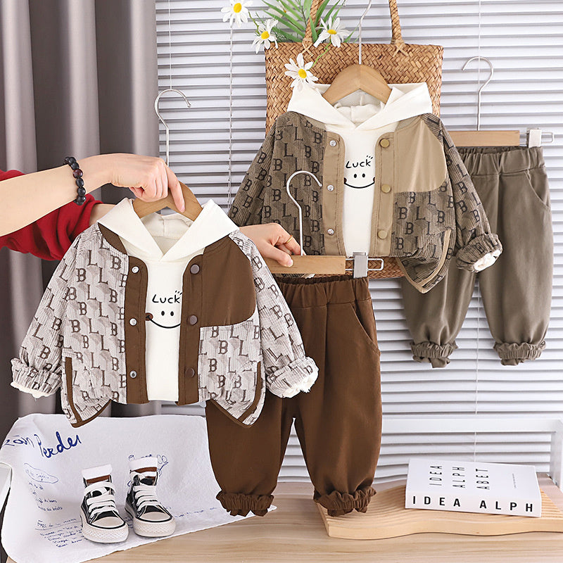 Boys' Spring and Autumn Fashionable Outfit 2026 New Letter Patchwork Cardigan Three-Piece Set Infant Casual Clothes Trendy