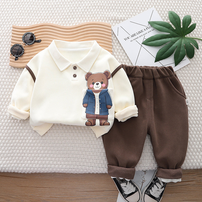 Boy Fleece Pocket Bear Button-Up Shirt Set 1-3 Years Old Winter Two-Piece Baby Clothes One Piece Dropshipping