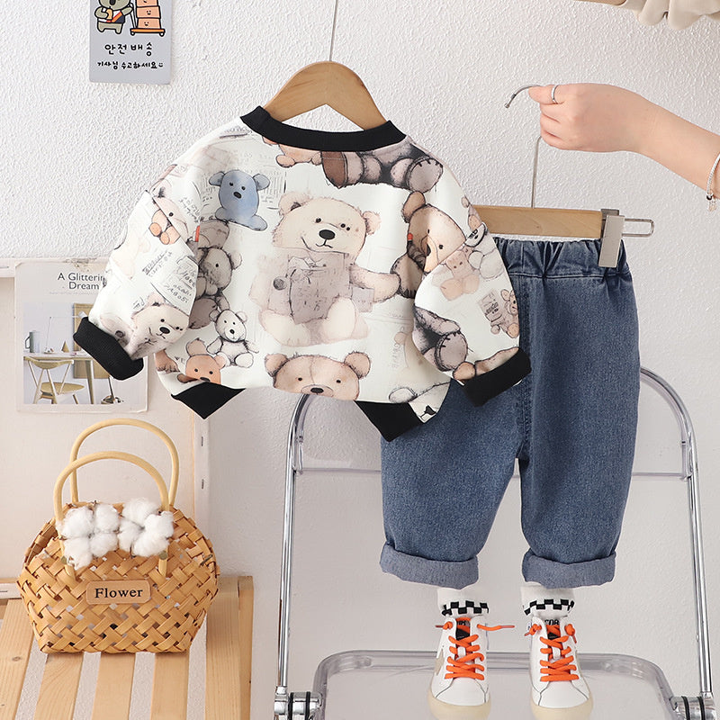 3D Bear Sweatshirt 2025 Spring Autumn Outfit for Toddlers and Young Children Long Sleeve Stylish Baby Clothes Boys Two-Piece Set