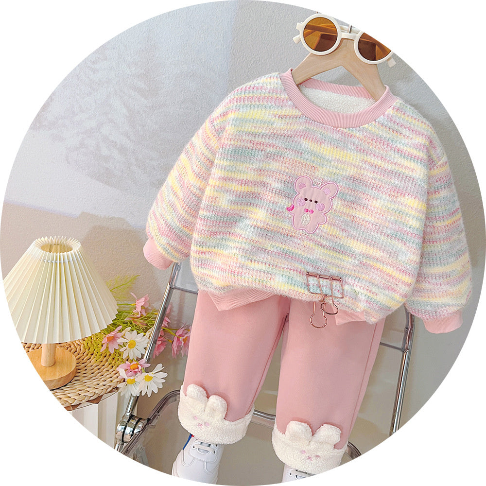 Baby Clothes Fleece Autumn and Winter Casual Rainbow Bear Sweatshirt Two-Piece Set for Girls, One-Piece Dropshipping