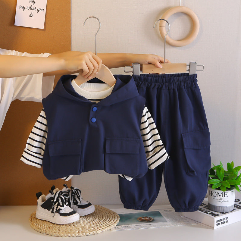 Children's Spring and Autumn 2025 New Stylish Boys' 0-5 Years Old Hooded Striped Workwear Vest Three-Piece Set