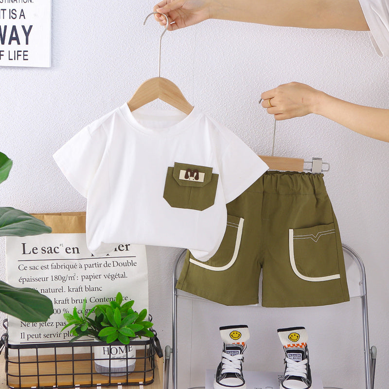 Boys' Clothing 2026 New Style Children's Clothes Summer Pocket Trim Sports Baby Short Sleeve Two-Piece Set Trendy