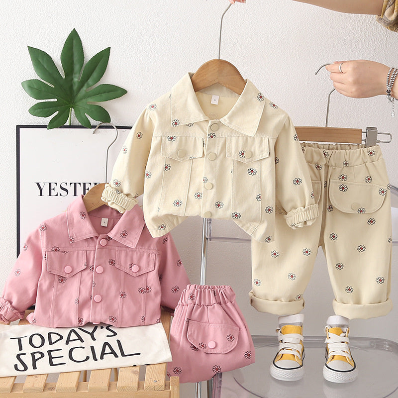 2026 New Fashionable Spring Outfit 1-3-6 Years Old, Full Floral Print Long Sleeve Two-Piece Set for Baby Girls