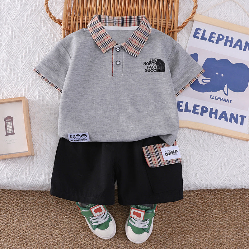 Boys' Outfit 2026 New Children's Plaid Collar Short Sleeve Summer Clothes Baby Embroidered Casual Two-Piece Set Trendy