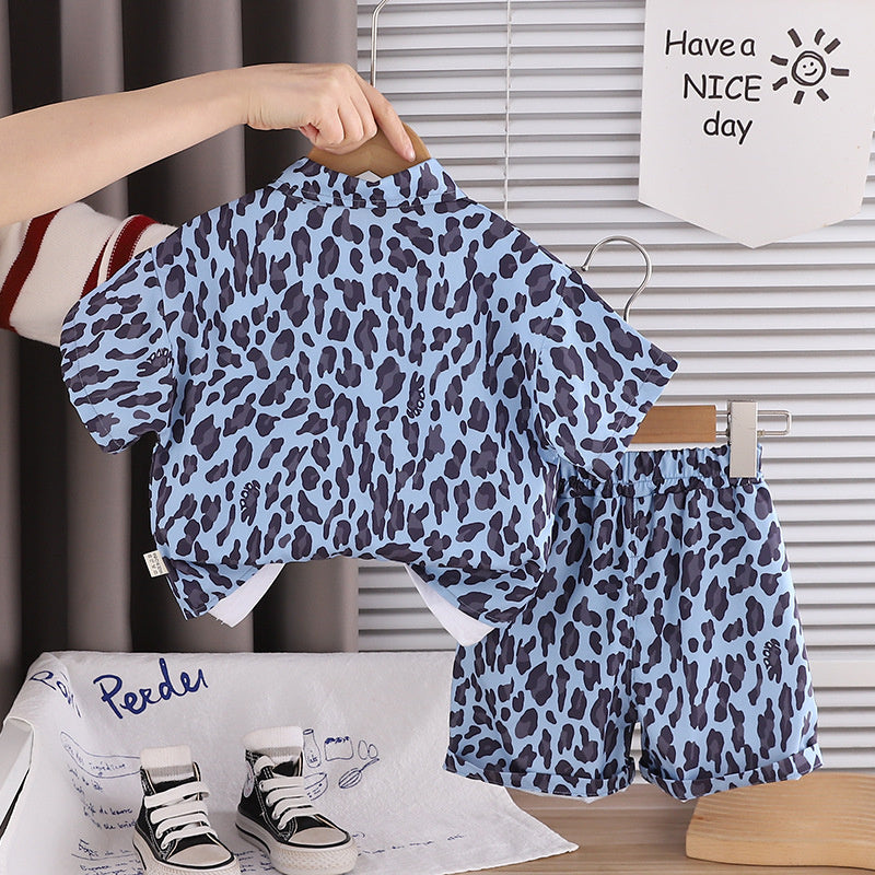 Boys' Short-Sleeve 2026 New Stylish Baby Summer Clothes Fashionable Leopard Print Three-Piece Set for Toddlers