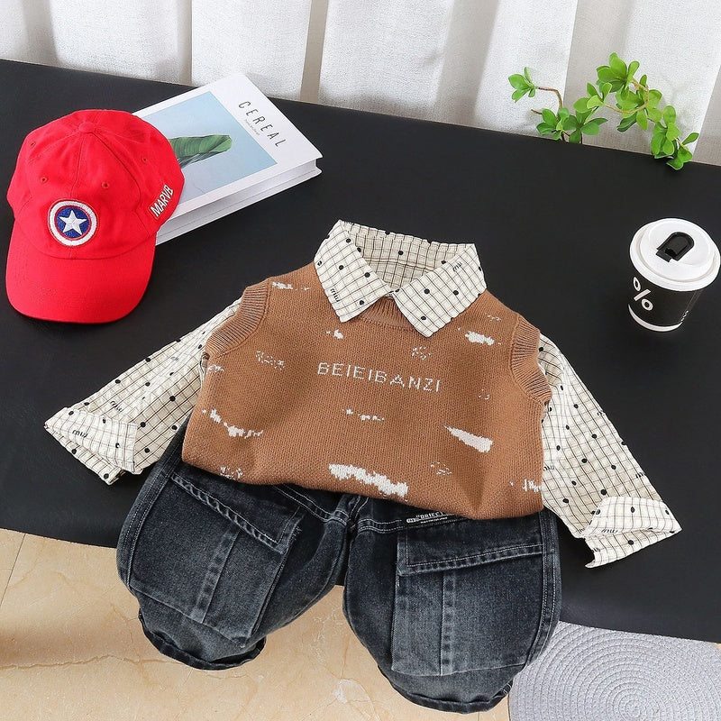Boys' Autumn Sweater Vest Set 2026 New Fashionable Baby Plaid Shirt Casual Trendy Three-Piece Outfit