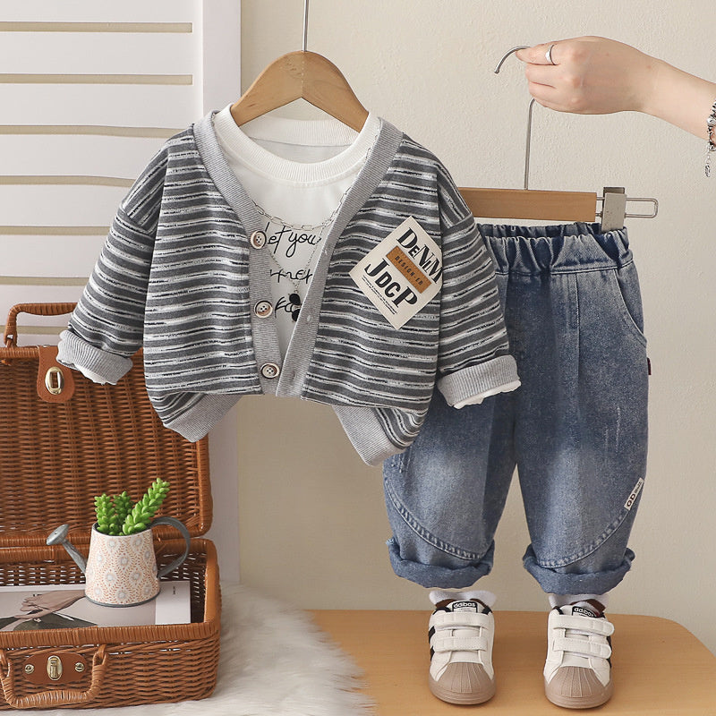 Boys' Outfit 2026 New Fashionable Children's Sunglasses Necklace Striped Three-Piece Set Stylish Baby Korean Style Autumn